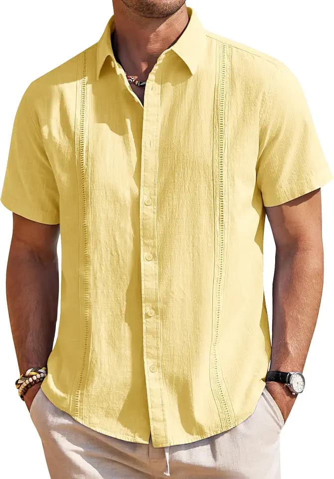 Mens Linen Textured Shirt Short Sleeve Button Down Cuban Guayabera Shirt