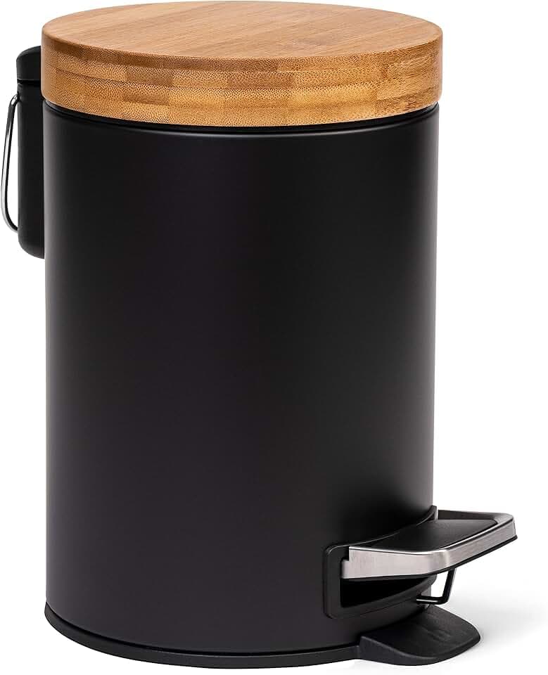 Kazai. 3l Design Kosmetikeimer | Bad-Mülleimer mit Bambus-Holzdeckel und Absenkautomatik | Mit Anti-Fingerabdruck und Komfort-Pedale | Schwarz