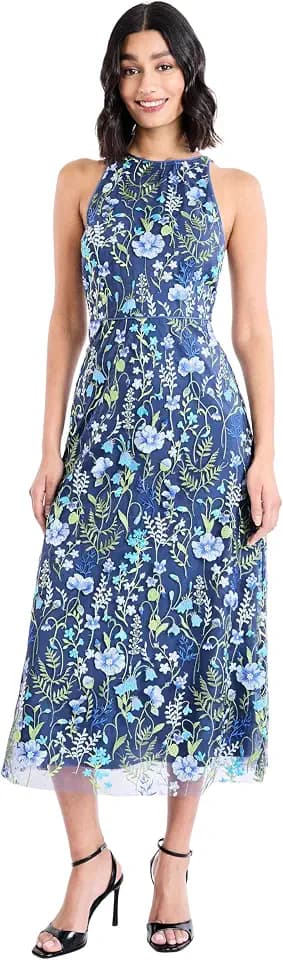 Maggy London Women's Dresses Floral Embroidered Halter Neck Midi Dress with Back V-Neck