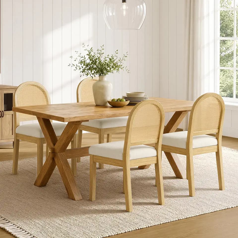 KISLOT Natural Rattan Dining Chairs Set of 4, Soild Wood Chairs, Natural