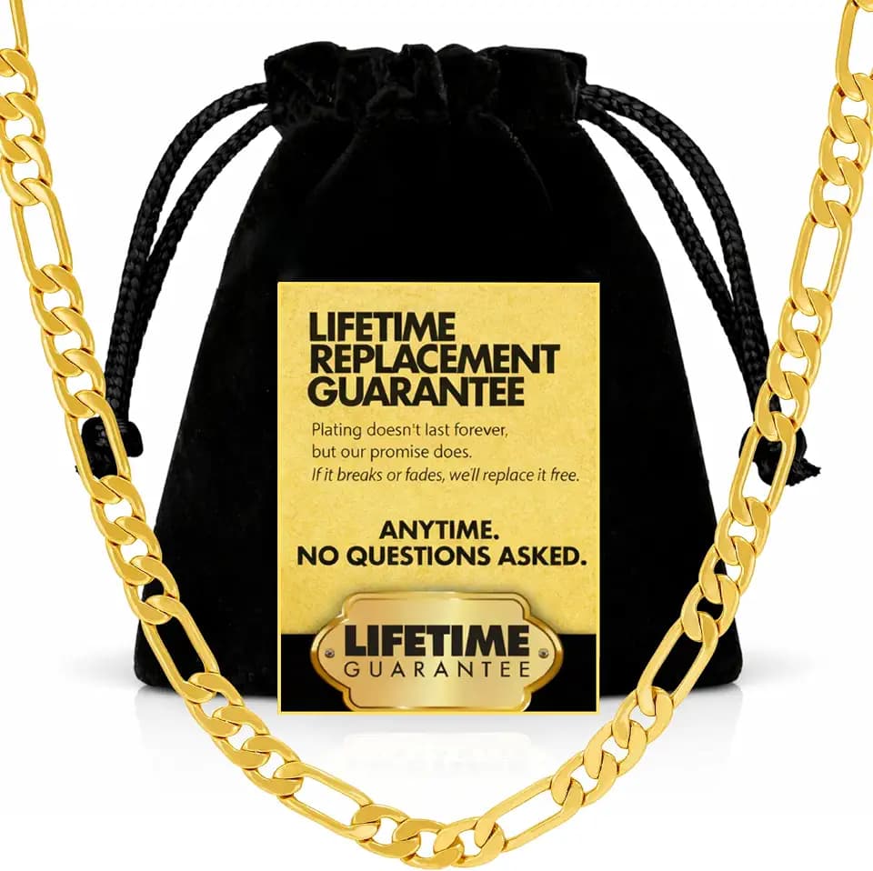 LIFETIME JEWELRY Flat Figaro Chain Necklaces for Men & Women 24k Real Gold Plated with Lifetime Replacement (4mm, 5.5mm & 7mm)