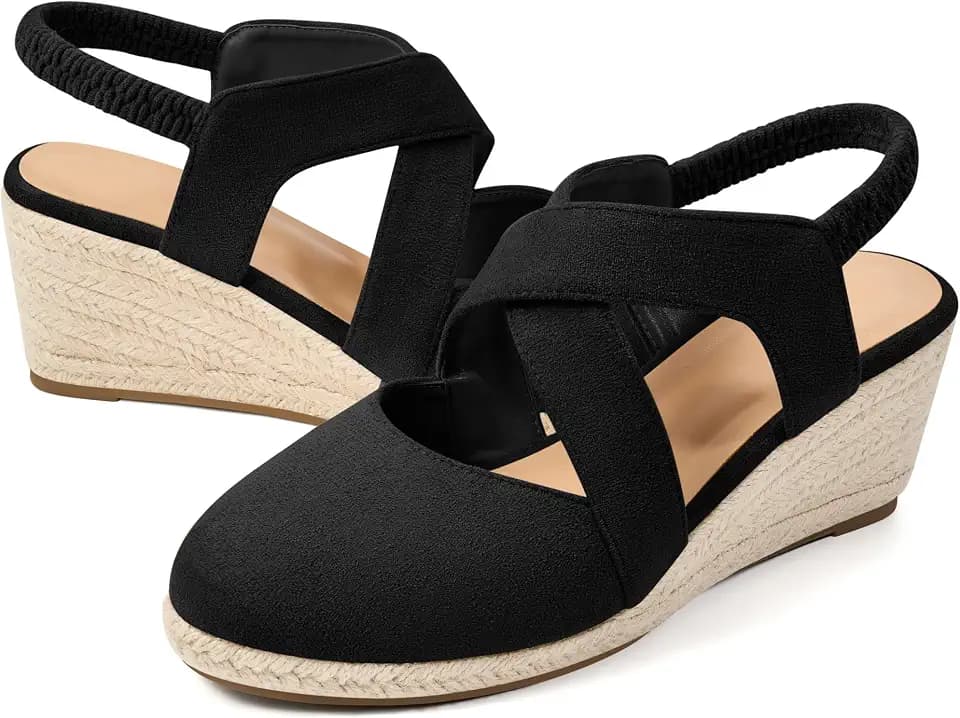 HARENCE Espadrilles Wedge Sandals for Women: Comfortable Closed Toe Ankle Strap Elastic Shoes Summer Dressy Platform Heels