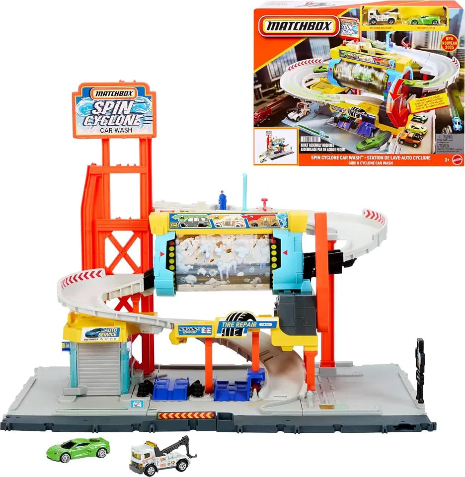 Matchbox Spin Cyclone Car Wash Playset with Corvette & Tow Truck