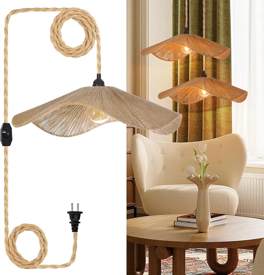 19.6" Boho Plug in Hanging Lamps, 16.4FT Dimmable Hemp Rope Pendant Light Cord Kit, Hand Woven Coastal Plug in Cord Hanging Lighting Fixture for Bedroom Living Room Kitchen Dining Room (Bulb Included)