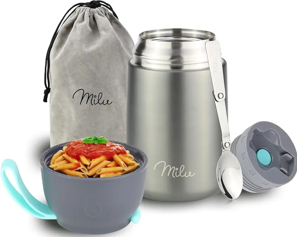 Milu® Thermobehälter für Essen 650ml, Edelstahl Warmhaltebehälter mit Löffel, Thermobecher Essen, Thermo Lunchbox für Kinder, Erwachsene, Thermobox Suppen, Babybrei, Speisebehälter Grau, 650ml