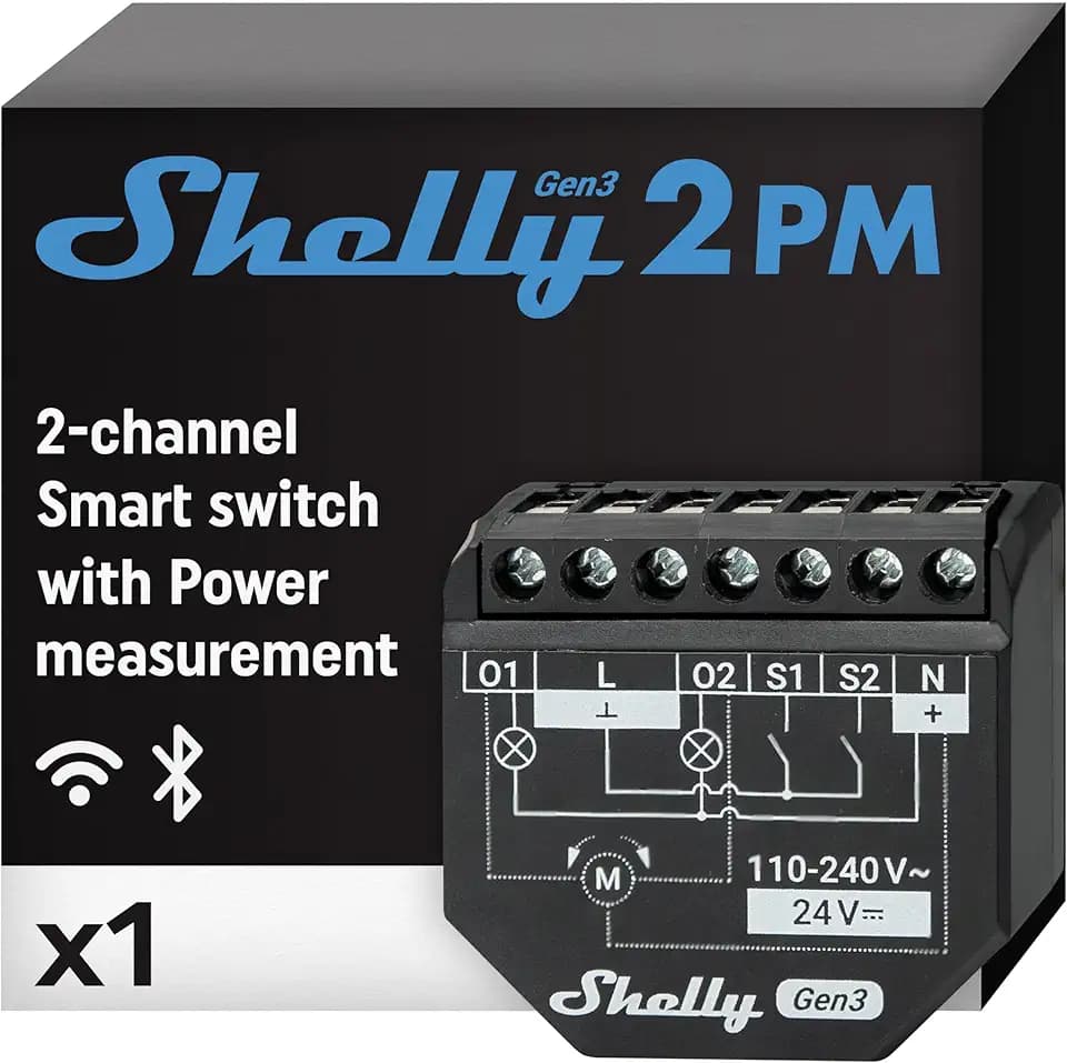 Shelly 2PM Gen3 - WLAN Smart Relais Schalter, Rolladenschalter, Stromzähler, 2 Kanäle, 16A, Lichtschalter, Smart Home, Zeitschaltuhr, Alexa & Google Home, Kein Hub Erforderlich