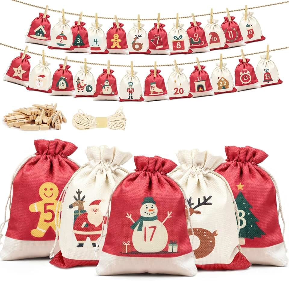 Adventskalender zum Befüllen Stoff, 24 Adventskalender Säckchen