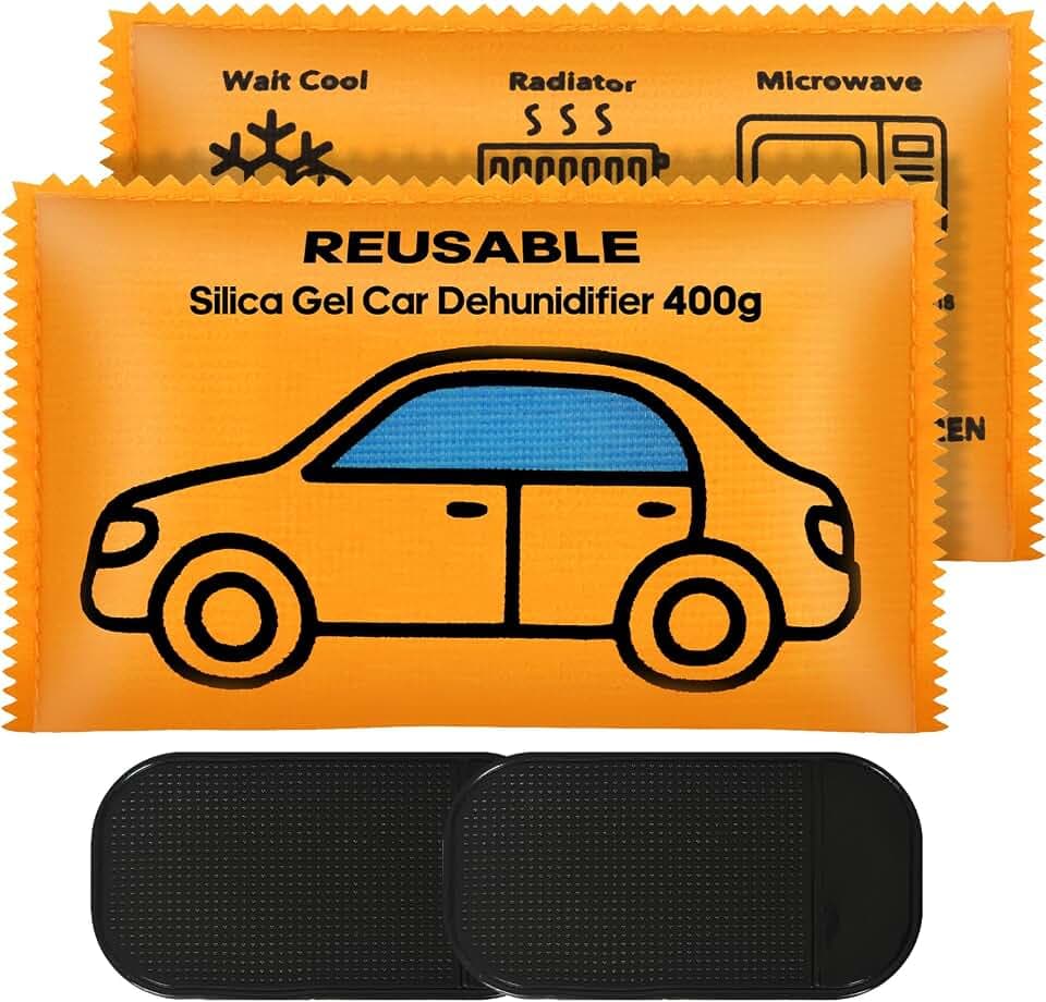 Flow fire 2 Pack x 400g Wiederverwendbare Luftentfeuchterbeutel für Auto, Kieselgel Auto Feuchtigkeitsabsorber mit Anti-Rutsch-Pad, Kondensationsbeutel für Haus, Fenster