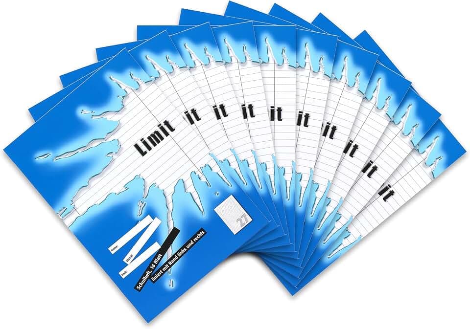 Limit Schulheft A4, 16 Blatt, Lineatur 27, liniert mit Rand, blau, 10 Stück