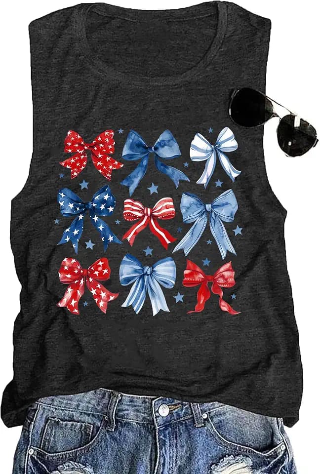 American Flag Tank Top Women Patriotic Bow Ribbons Sleeveless Shirt 4th of July Summer Vest Tops