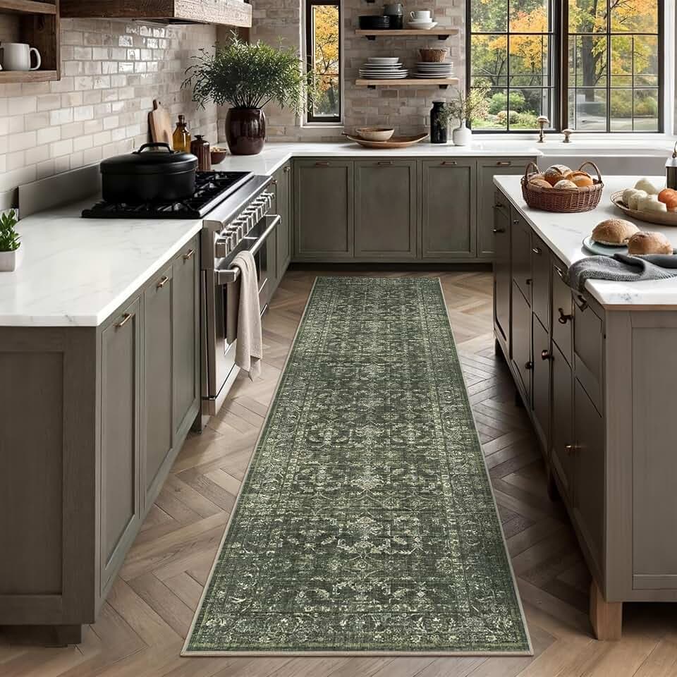 2x8 Washable Kitchen Runner Rug Non-Slip Boho Dark Green Throw Carpet