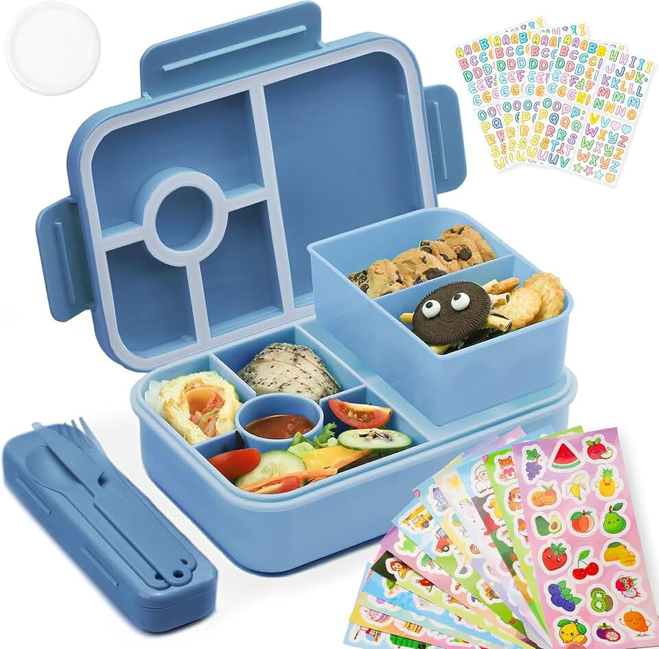 Bugucat Brotdose Kinder mit Fächern 1300ML, Auslaufsicher Lunchbox Kinder mit 16 Aufkleber, Bento Box mit Besteckset, Brotdose Vesperdose Frühstücksbox für Mädchen & Jungen,Dunkelblau