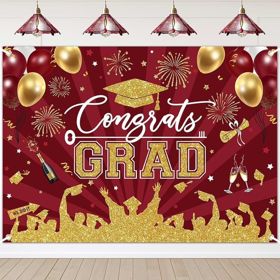 Avezano Graduation Backdrop Congrats Grad Graduation Party Decorations Class of 2026 Photoshoot Background Congratulate Grad Celebration Prom Party Banner Props (Maroon, 8x6ft)
