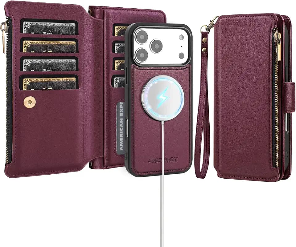 Antsturdy Compatible with MagSafe iPhone 17 Pro Wallet Case,Wine Red