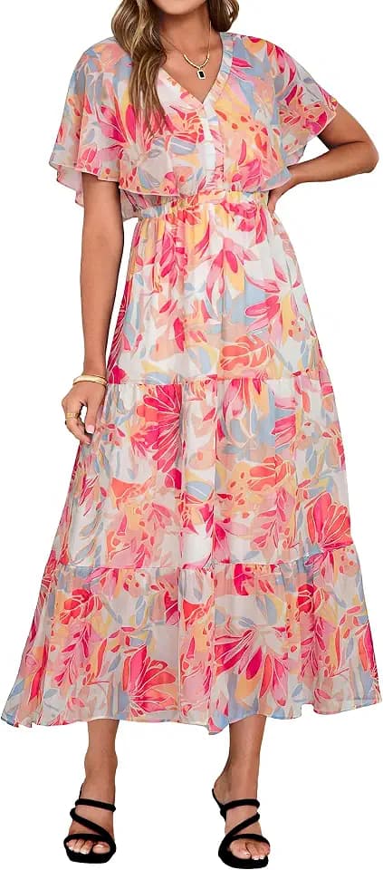 Simplee Womens Floral Boho Maxi Dress Summer Beach Wedding Guest V Neck Ruffle Sleeve Long Flowy Dresses