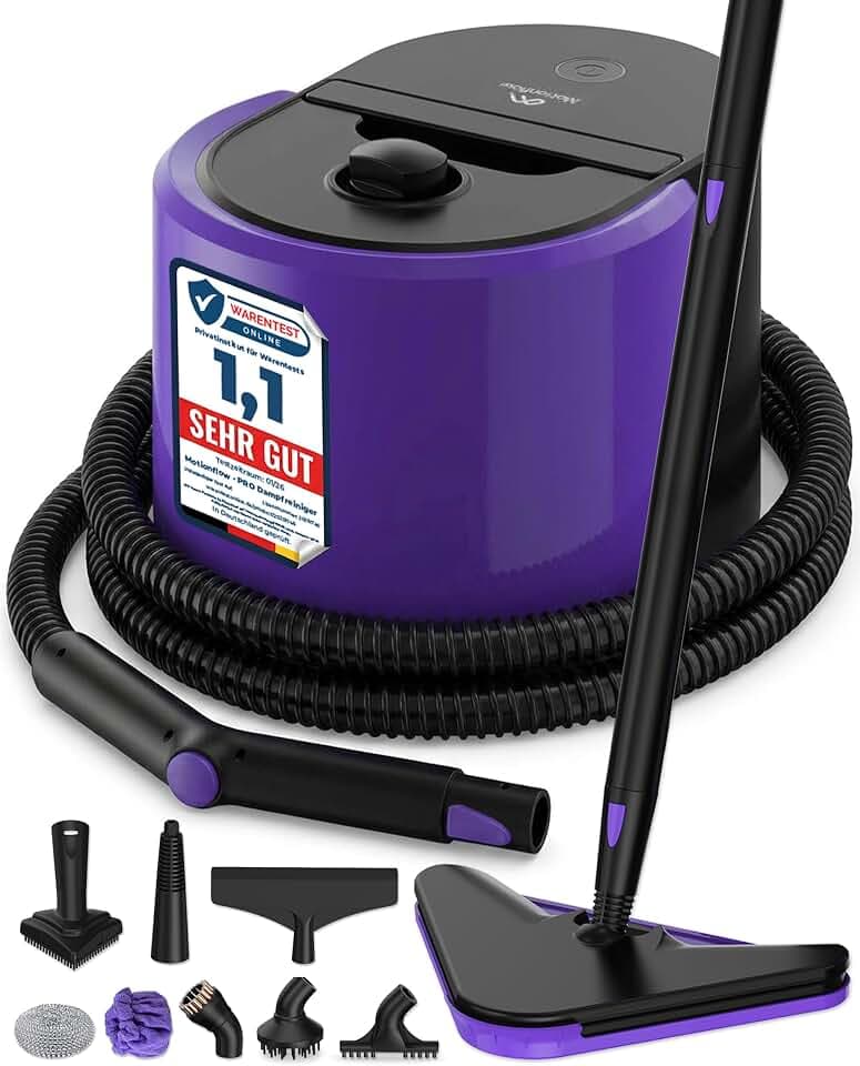 Motionflow PRO Dampfreiniger für alles - 1500W Hochdruck Steam Cleaner mit Edelstahlboiler für Polster, Teppiche, Armaturen und Böden – Dampfbürste mit 13 Aufsätzen, 45 Min Laufzeit, 100°C Dampf