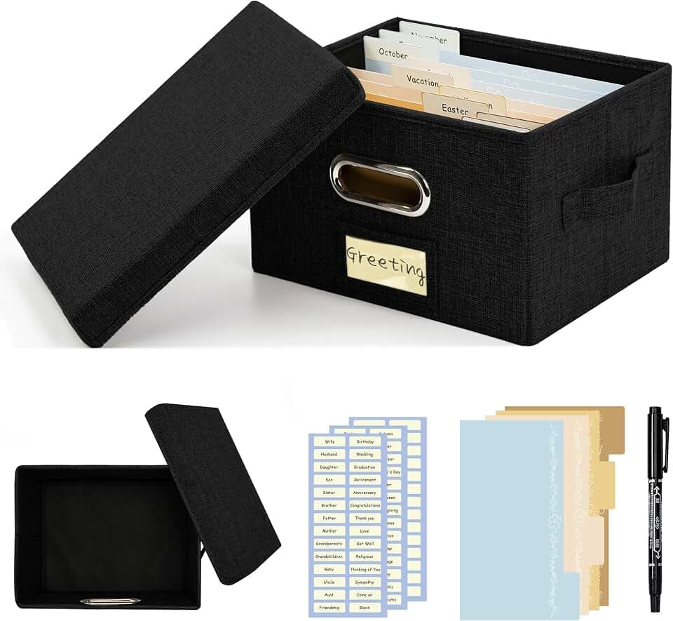 Grußkarten-Organizer und Aufbewahrungsbox mit 20 Verstellbaren Trennwänden, Aufbewahrungskarton mit 3 Aufklebern, Perfekt zum Aufbewahren von Grußkarten, Umschlägen, Fotos, 1 Packung, Schwarz