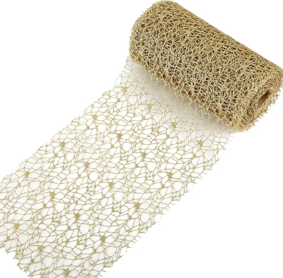 LEMESO Deco Mesh Christmas Gold Mesh Ribbon, 30 Feet Metallic Tree Shiny Garland Bow Decorations for Wreaths, Christmas Tree, Gift Wrapping