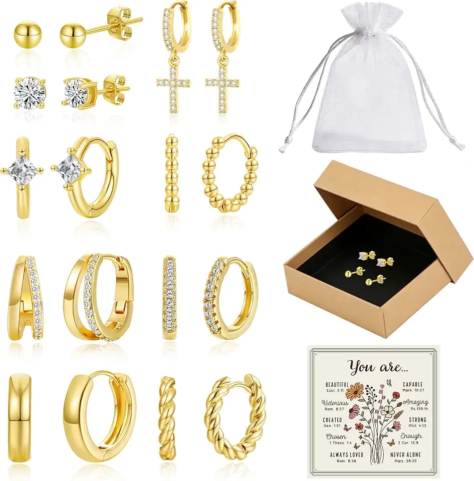 BOMAIL 9 Pairs 14K Gold Plated Huggie Hoop Earrings for Women