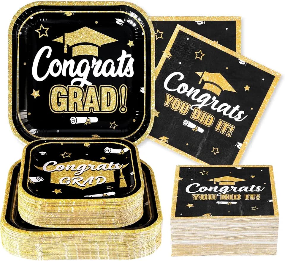 200 Pcs Graduation Party Decorations 2026 Black Gold Disposable Serves 50