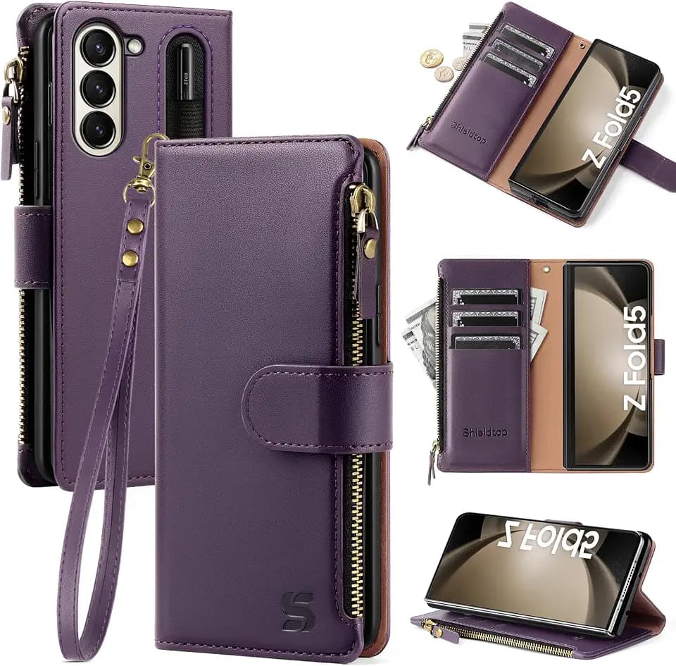 Shieldtop Compatible with Samsung Galaxy Z Fold 5 5G Wallet Case with S Pen Holder,Women Man RFID Blocking PU Leather Flip Phone Case Protective Cover Wrist Strap Credit Card Holder Slots,Dark Purple