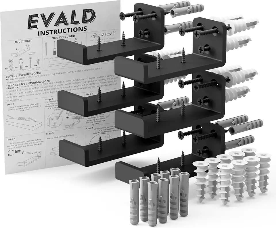 EVALD Floating Shelf Brackets w/ Lip | Hidden Black Carbon Steel Brackets for 4-inch Board (3 5/9" True Size) Kitchen, Nursery | Minimalist Design for Fireplace Mantel, Bookshelves, Bar Shelves 6 Pack