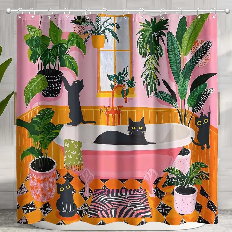 Funny Cat Shower Curtain Boho Cute Fun Black Cats Matisse Shower Curtains for Bathroom Kitten Green Tropical Plant Leaves Pink Orange Yellow Waterproof Fabric Bath Curtain Decor 72 X 78 Inches