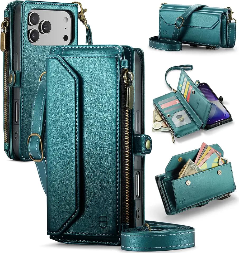 Strapurs for iPhone 17 Pro Max - Zipper Strap Wallet Case Women, Blue Green