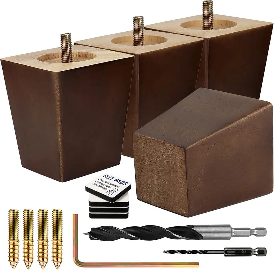 Airy Abode Premium Walnut Square Furniture Legs (Full Install Kit) - Pick Your Size and Color