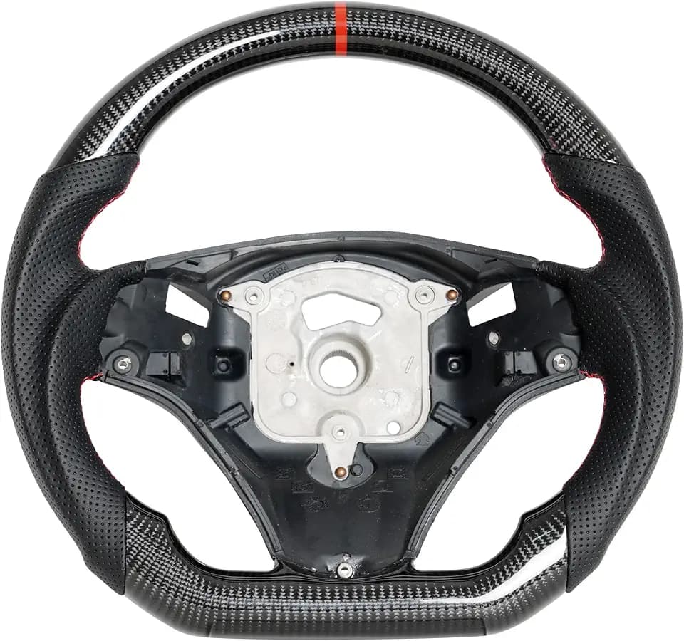 Real Carbon Fiber Steering Wheel for BMW M3 E-Series DCT Edition 2005-2012 D-shaped Flat-bottom Perforated Leather Grip Steering Wheel for E90 (Small Paddle Shifter Holes Version)