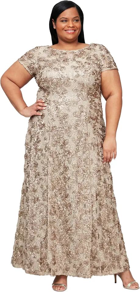 Alex Evenings Women's Long Rosette Mother of The Bride Dress with Short Sleeves, Wedding Guest, Champagne, 20 Plus