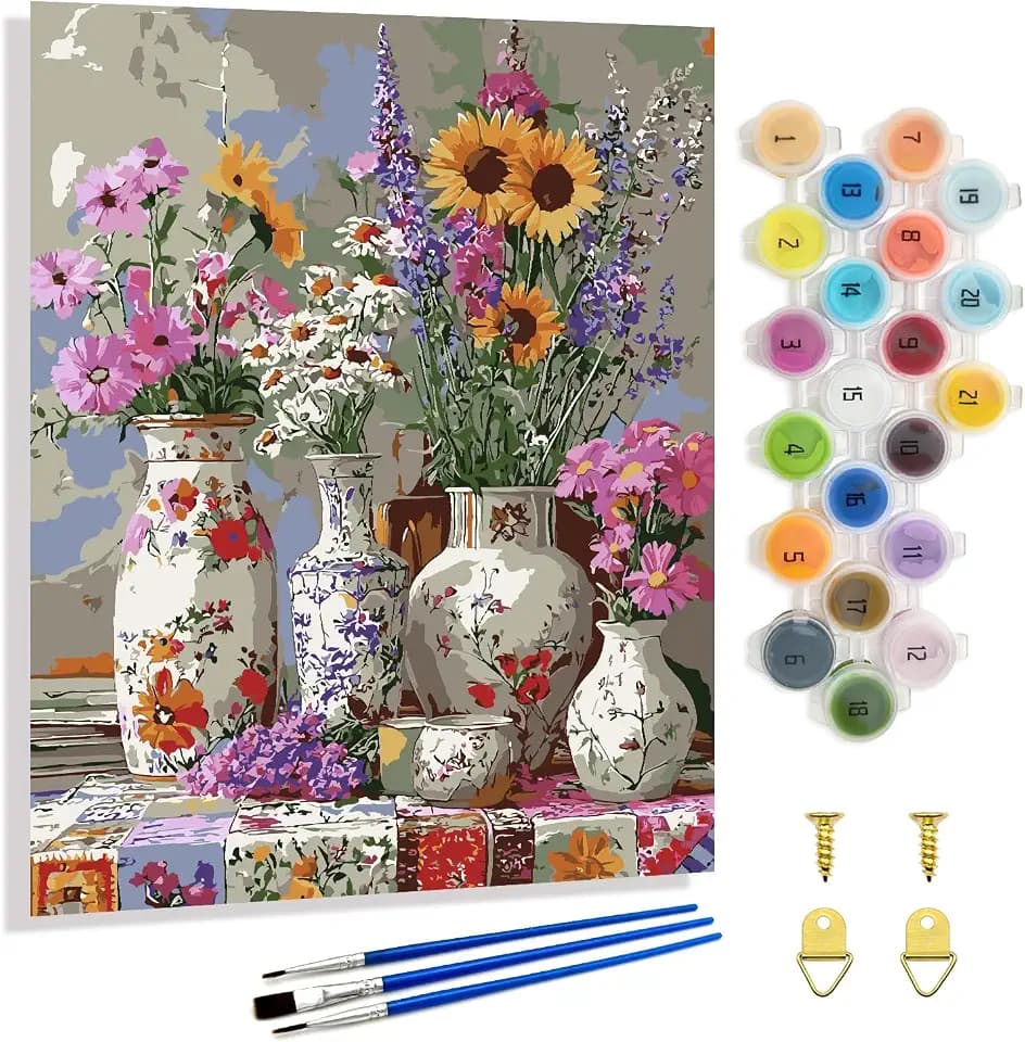 Yunnuo Paint by Numbers Kit for Adults Flowers, DIY Acrylic Floral Vases Still Life, Painting by Numbers for Beginner Friendly, Home Wall Decor Gift, 16x20 Inch
