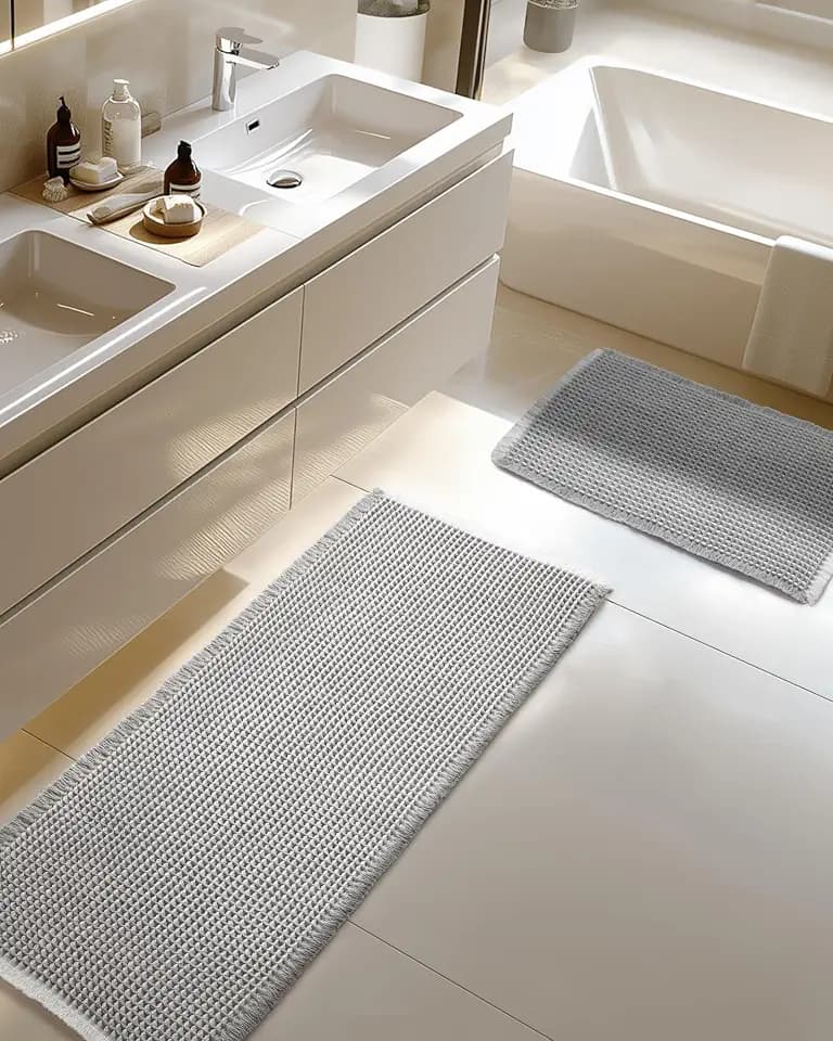 Furicher Large Waffle Bath Mat Set, Non Slip Bathroom Mat Ultra Absorbent Bath Mats for Decor, Extra Soft Floor Bathroom Rugs Sets 2 Piece, Washable Bath Rugs Set, Grey & White, 20"×47" and 16"×24"