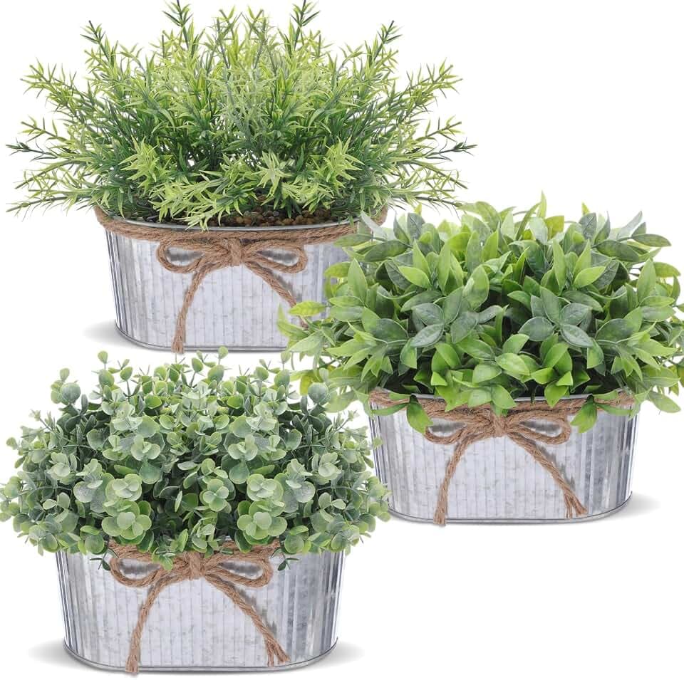 Suncalla 3 Pack Mini Potted Artificial Eucalyptus Fake Plants