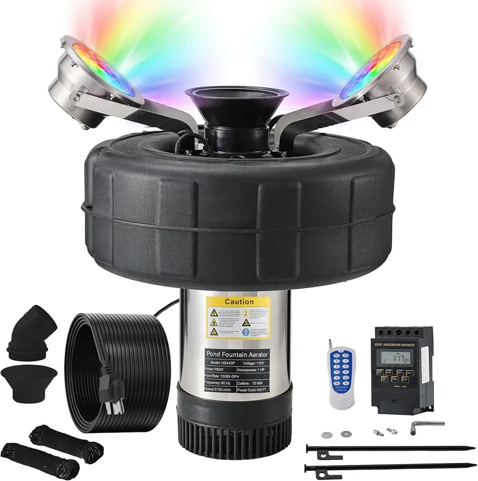 KARTOOSH RGB Pond Fountain Aerator, 15000 GPH 750W 1 HP Stainless Steel Floating Fountain Pump with 100 FT Power Cord, Fully Automatic Powerful Aerating Fountain for Small Large Ponds Lake