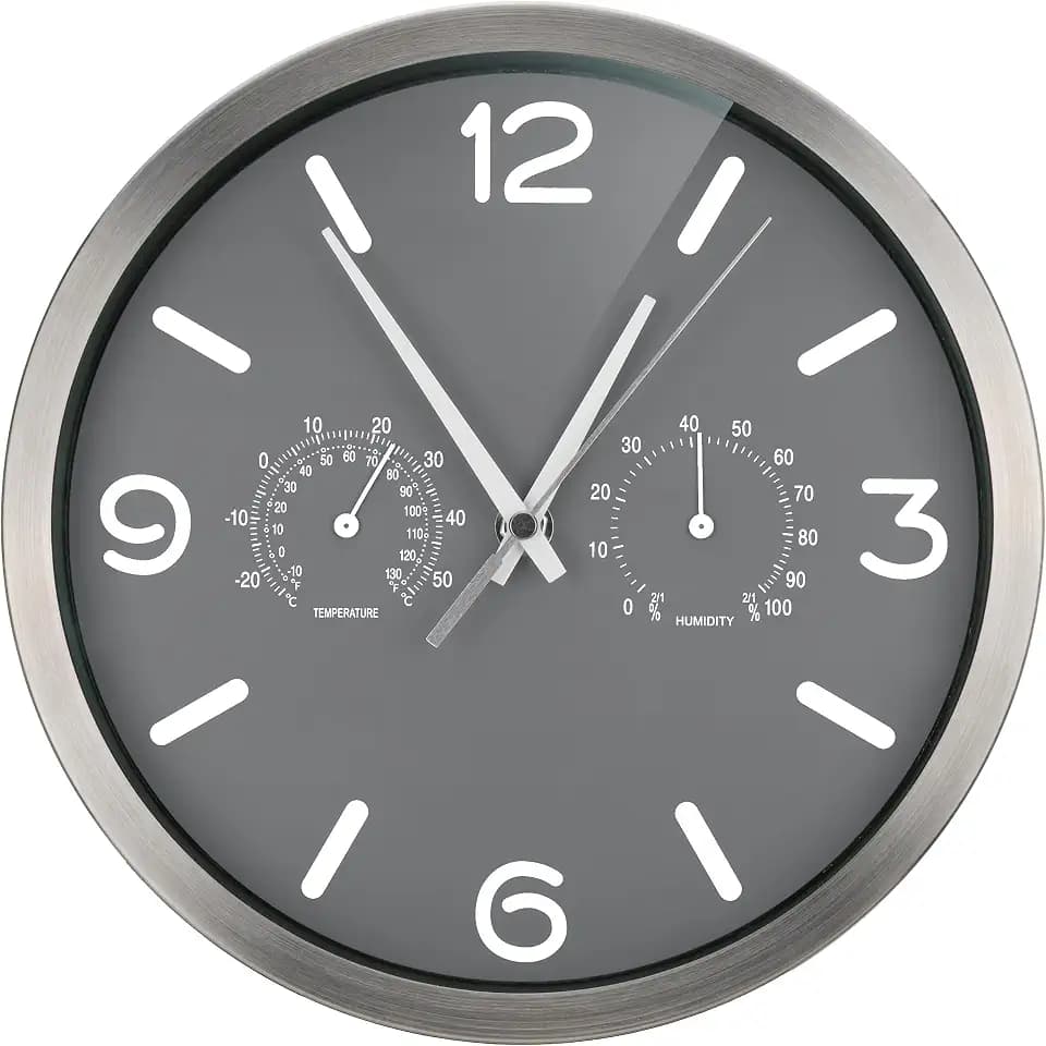 Bresser Funkuhr Wanduhr MyTime ND Thermo-Hygro mit geräuschlosem Funkuhrwerk, Edelstahlrahmen und Anzeige für Temperatur und Luftfeuchtigkeit, Grau, 250x250mm