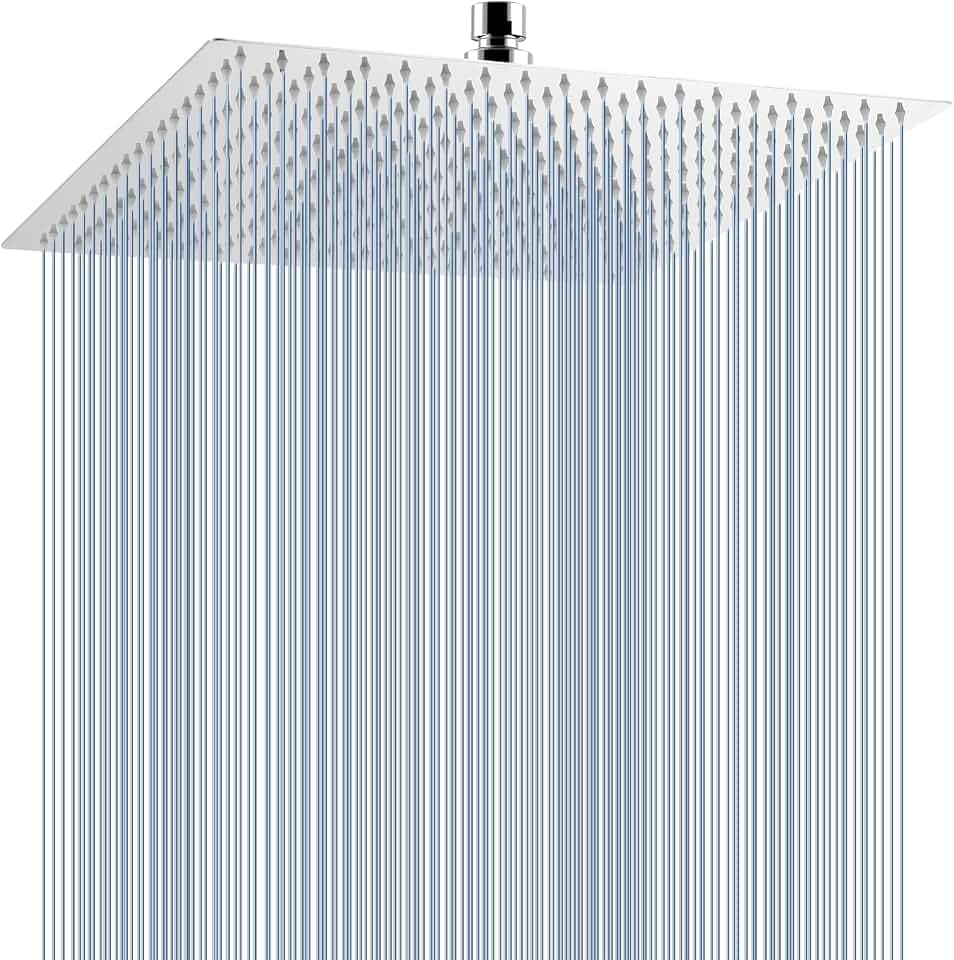 Voolan Oversize Rain Shower Head - High Flow Square Rainfall Showerhead - Waterfall Full Body Coverage - Universal Ceiling or Wall Mount (16 Inch, Chrome)
