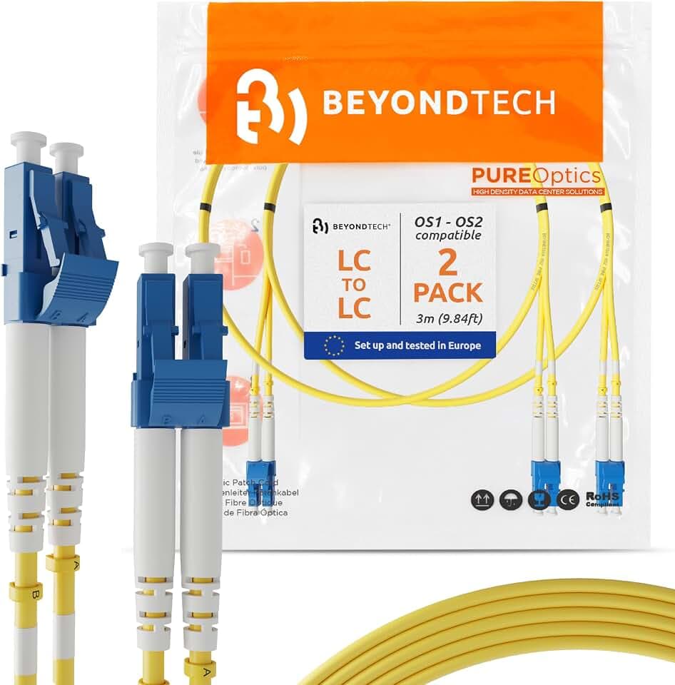 BEYONDTECH 3m (9.84ft) LC to LC Fiber Patch Cable – (2 Pack) UPC Single-Mode Duplex Fiber Optic Cable – 9/125µm core, Compatible with OS1 & OS2 – LSZH PUREOptics Series