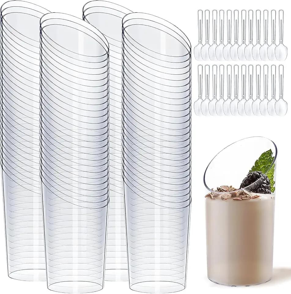 Woobroo Abgewinkelte Dessertgläschen, 100 Stück, 75 ml/2,5oz, Runde, wiederverwendbare Mini-Dessertbecher, Dessertschälchen für Mousse, Tiramisu, Geburtstag