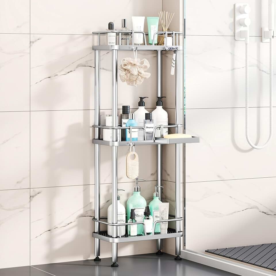 HapiRm Standing Corner Shower Caddy - 3 Tier Corner Shower Organizer with Soap Holder, Rustproof Stainless Steel Bathroom Shelf with 4 Hooks, Silver