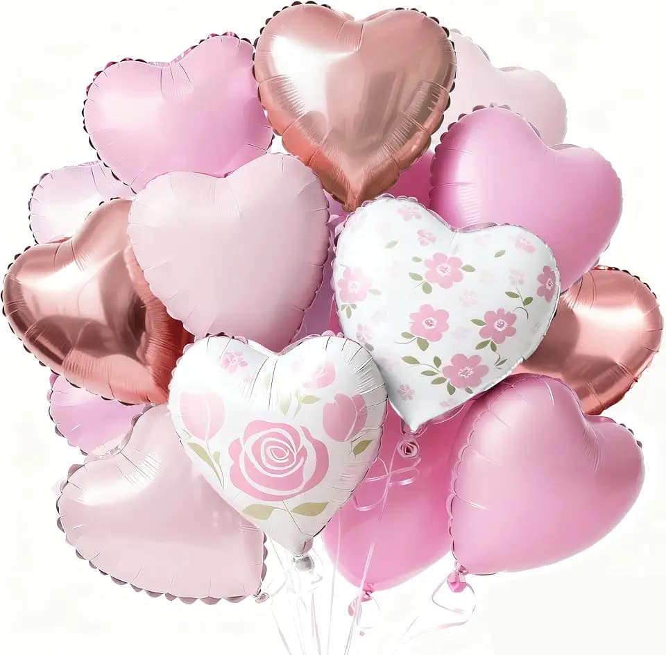 PartyWoo Pink White Rose Gold Valentine's Heart Foil Balloons 15pcs 18 Inch