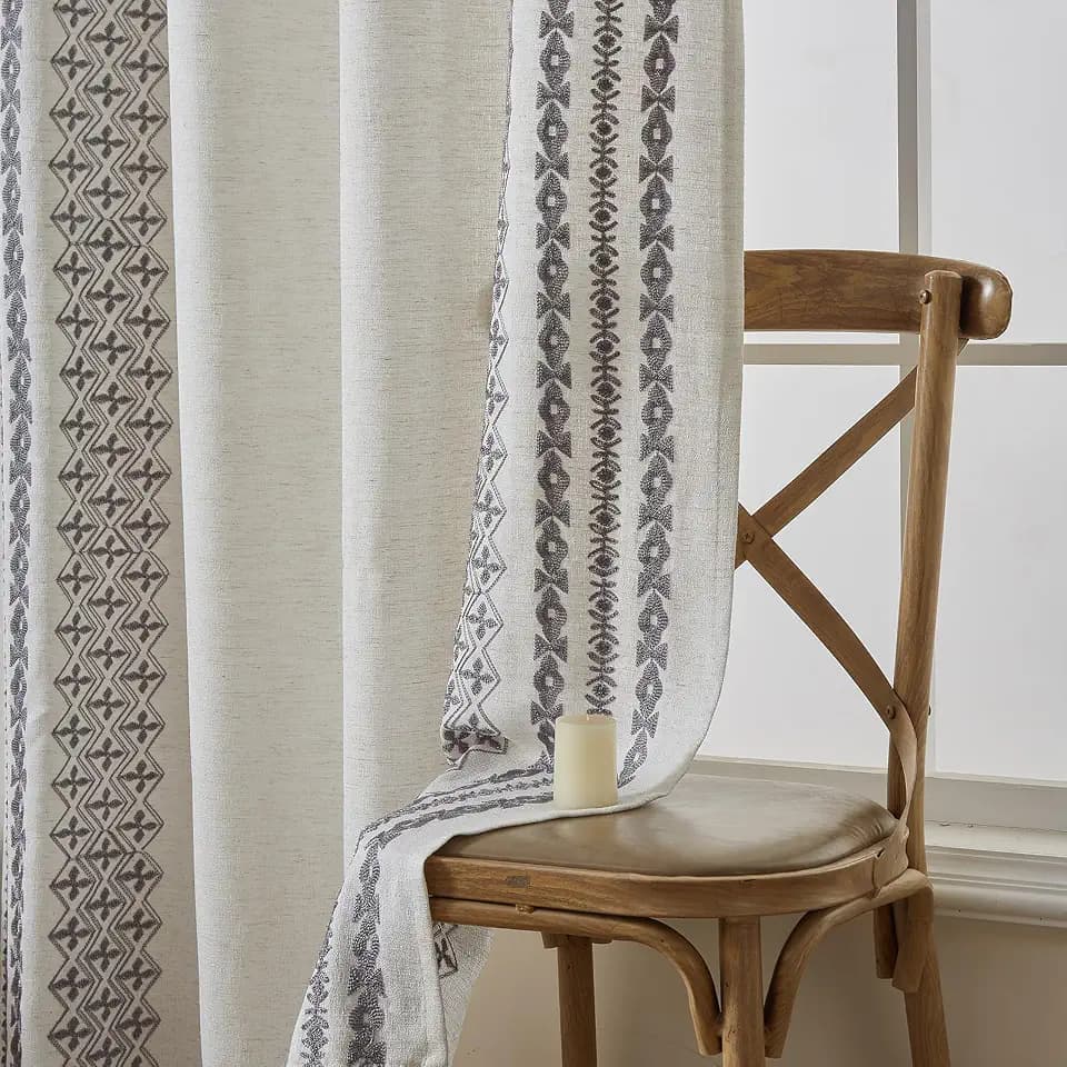 Beige Boho Curtains 84 Inch Length 2 Panels Set Faux Linen Embroidered Curtains for Living Room Light Filtering Drapes 84 Inches Long Grommet Window Treatment Grey On Beige 2 Panels 55" W