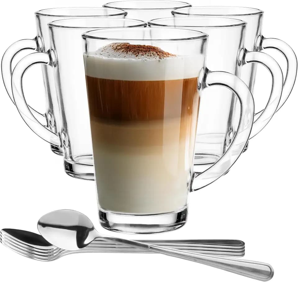 Glasmark KROSNO 1992 Kaffeegläser Mit Henkel Und Löffel 6 Stück 300 ml Kaffeetassen Teegläser Cappuccino Latte Eistee Transparentes Glas