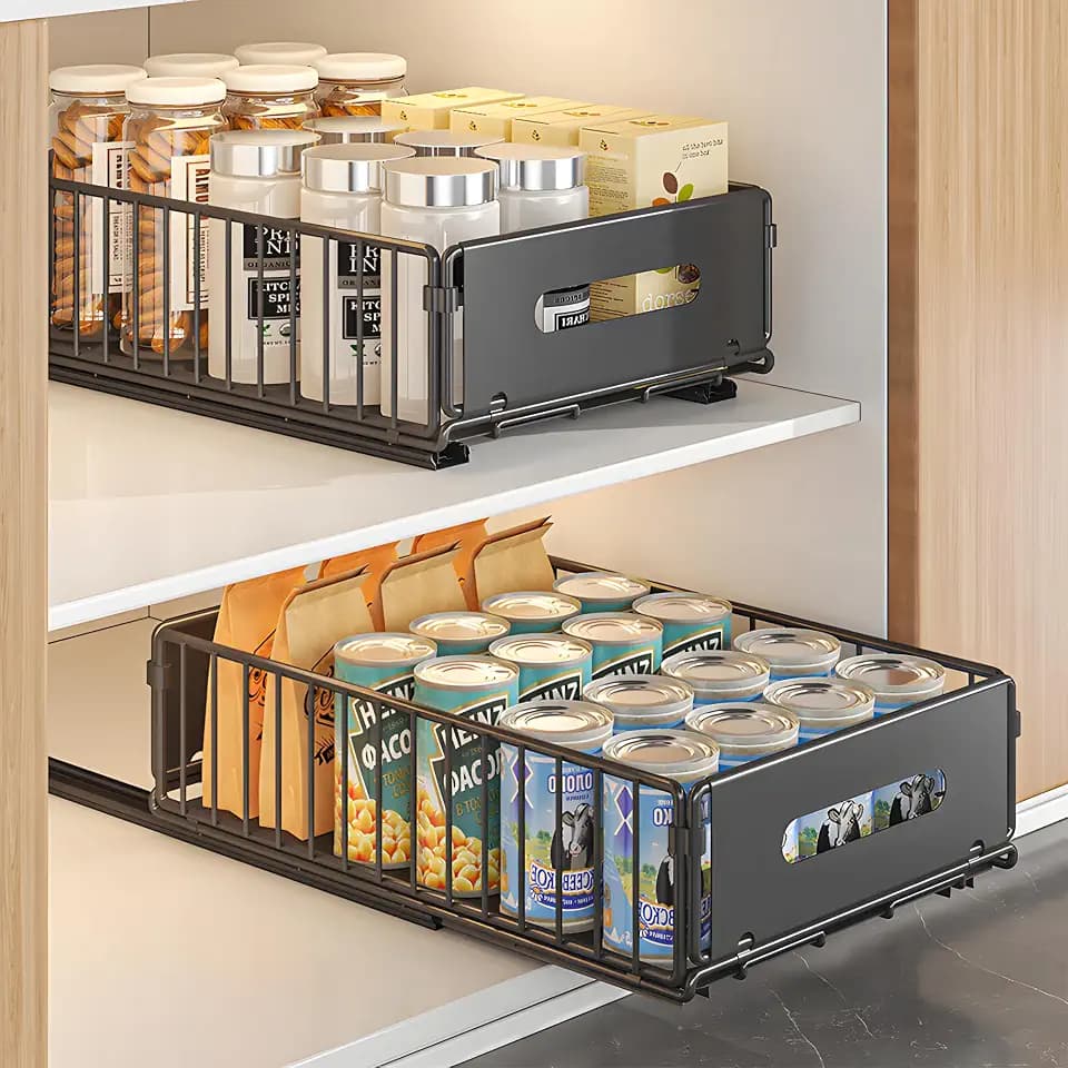 2 Pack Pull Out Cabinet Organizer, Heavy Duty Slide Out Drawer with No Drill Adhesive or Screw Mount, Carbon Steel Roll Out Shelf for Kitchen Cabinet, Pantry & Bathroom Storage