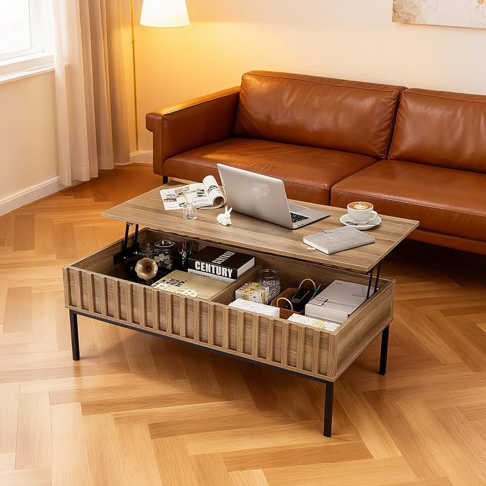 43 Inch Coffee Table with Lift-up Top, Farmhouse Coffee Table with Wavy Wood Grain, Living Room Furniture with Hidden Compartment Storage Space, Furniture Clearance for Living Room and Office, Brown