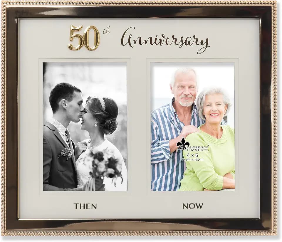 4x6 Double Gold Beaded Metal 50th Anniversary Picture Frame, Then and Now