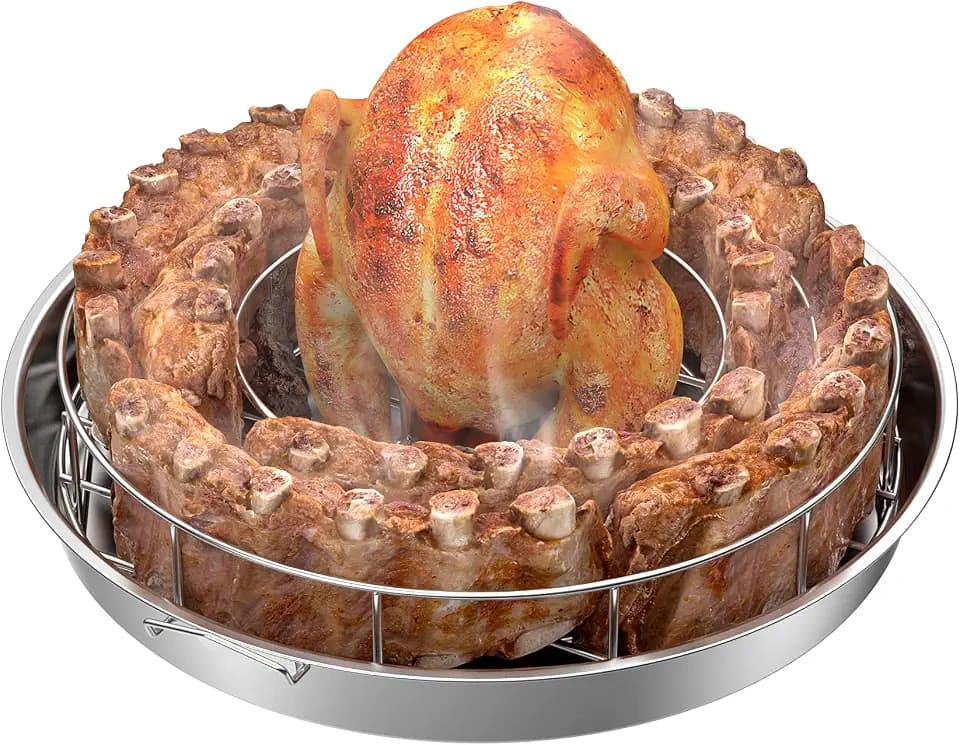 Onlyfire Rippchenhalter + Hähnchenbräter Edelstahl, Hähnchen Ständer, Spareribs Halter Grill, für Gasgrill, Kohlegrills und Keramikgrill, Rippchenhalter Grillen, Hähnchengrill, Hähnchenhalter