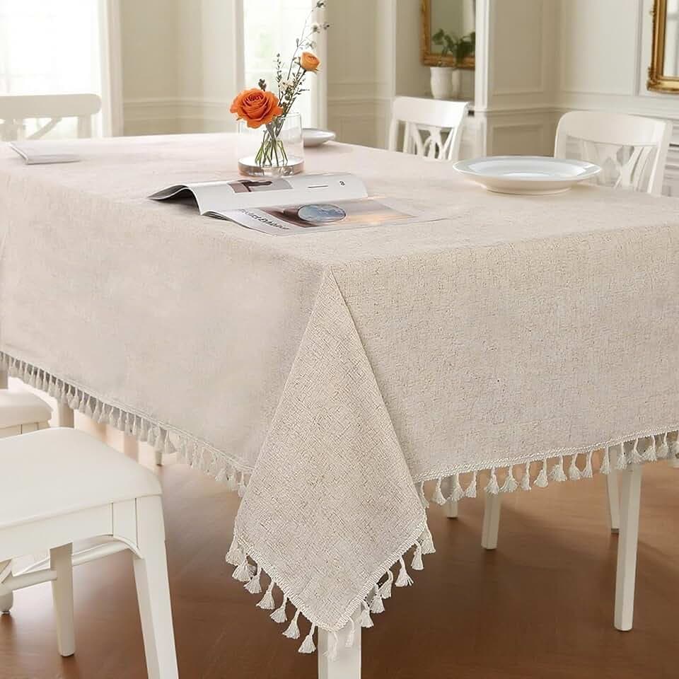 SUCHDECO Tischdecke Rechteckig 140x220 cm Tischdecke Beige Leinen Baumwolle Tischdecke Abwaschbar Knitterfrei Tischtuch mit Quasten für Küche, Esszimmer, Esstisch, Couchtisch, Gartentisch