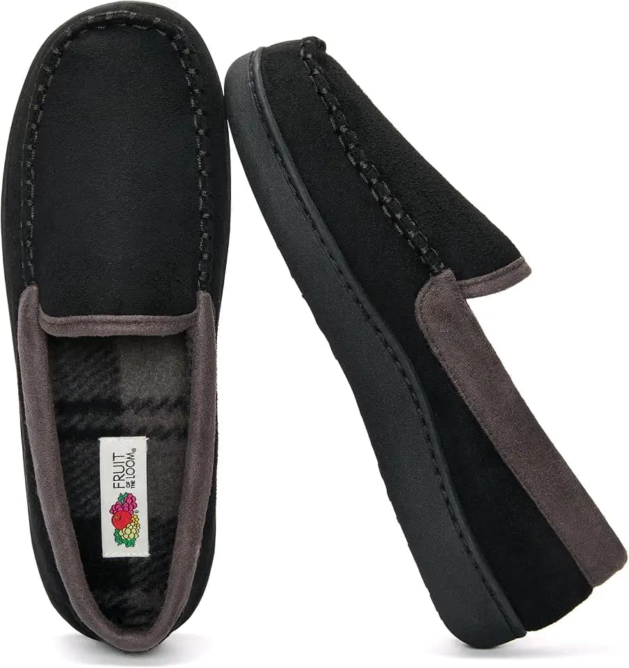 Fruit of the Loom Men’s Memory Foam House Slippers Indoor Outdoor – Microsuede Venetian Cozy Warm Men’s Slippers Plush House Shoes, Sizes 7-14
