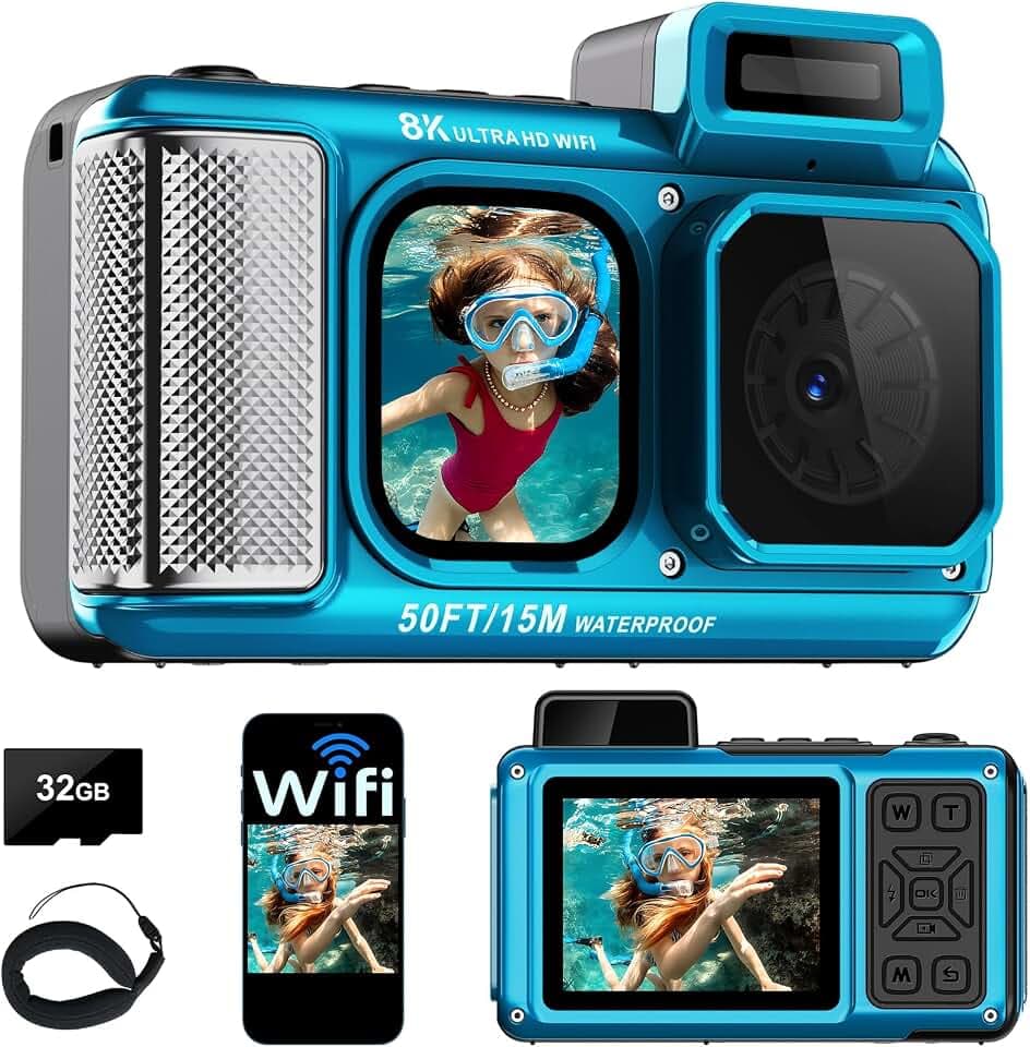 8K Underwater Camera WiFi 90MP 50FT Touch Waterproof Camera 32GB Card
